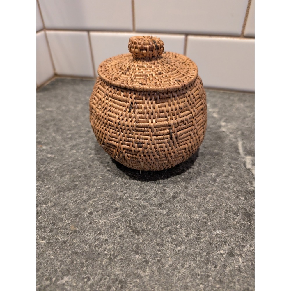 Handwoven Rattan Lidded Trinket Box Bali Village Craft
